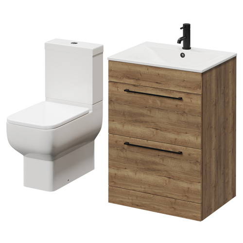 Napoli Tobacco Oak 600mm Vanity Unit and Toilet Suite including Tacoma Close Coupled Toilet and Floor Standing Vanity Unit with 2 Drawers and Matt Black Handles Right Hand View