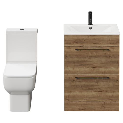 Napoli Tobacco Oak 600mm Vanity Unit and Toilet Suite including Tacoma Close Coupled Toilet and Floor Standing Vanity Unit with 2 Drawers and Matt Black Handles View from Front