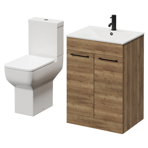 Napoli Tobacco Oak 600mm Vanity Unit and Toilet Suite including Tacoma Close Height Toilet and Floor Standing Vanity Unit with 2 Doors and Matt Black Handles Right Hand View