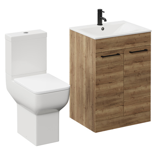 Napoli Tobacco Oak 600mm Vanity Unit and Toilet Suite including Tacoma Close Height Toilet and Floor Standing Vanity Unit with 2 Doors and Matt Black Handles Left Hand View