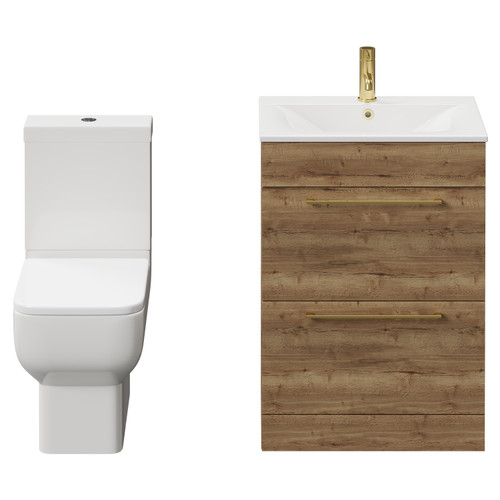 Napoli Tobacco Oak 600mm Vanity Unit and Toilet Suite including Tacoma Close Coupled Toilet and Floor Standing Vanity Unit with 2 Drawers and Brushed Brass Handles View from Front