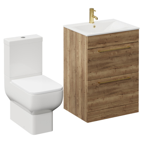 Napoli Tobacco Oak 600mm Vanity Unit and Toilet Suite including Tacoma Close Coupled Toilet and Floor Standing Vanity Unit with 2 Drawers and Brushed Brass Handles Left Hand View