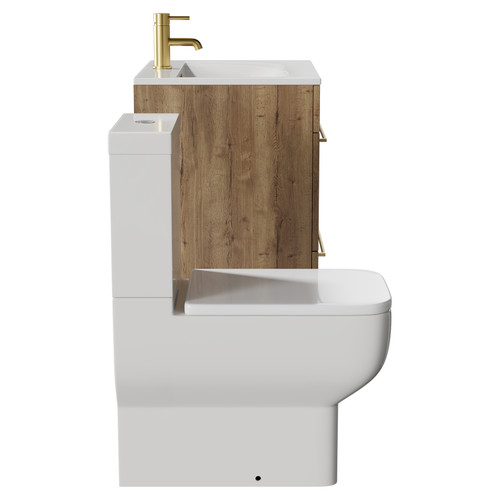 Napoli Tobacco Oak 600mm Vanity Unit and Toilet Suite including Tacoma Close Coupled Toilet and Floor Standing Vanity Unit with 2 Drawers and Brushed Brass Handles View from Side
