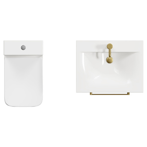 Napoli Tobacco Oak 600mm Vanity Unit and Toilet Suite including Tacoma Close Coupled Toilet and Floor Standing Vanity Unit with 2 Drawers and Brushed Brass Handles View from Top