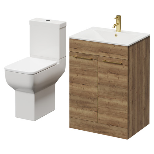 Napoli Tobacco Oak 600mm Vanity Unit and Toilet Suite including Tacoma Close Height Toilet and Floor Standing Vanity Unit with 2 Doors and Brushed Brass Handles Right Hand View