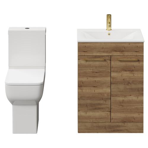 Napoli Tobacco Oak 600mm Vanity Unit and Toilet Suite including Tacoma Close Height Toilet and Floor Standing Vanity Unit with 2 Doors and Brushed Brass Handles View from Front