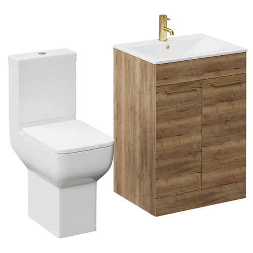 Napoli Tobacco Oak 600mm Vanity Unit and Toilet Suite including Tacoma Close Height Toilet and Floor Standing Vanity Unit with 2 Doors and Brushed Brass Handles Left Hand View