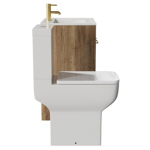 Napoli Tobacco Oak 600mm Vanity Unit and Toilet Suite including Tacoma Close Height Toilet and Floor Standing Vanity Unit with 2 Doors and Brushed Brass Handles View from Side