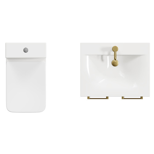 Napoli Tobacco Oak 600mm Vanity Unit and Toilet Suite including Tacoma Close Height Toilet and Floor Standing Vanity Unit with 2 Doors and Brushed Brass Handles View from Top