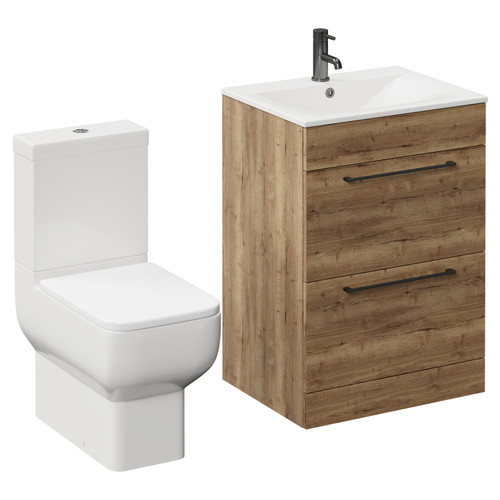 Napoli Tobacco Oak 600mm Vanity Unit and Toilet Suite including Tacoma Close Coupled Toilet and Floor Standing Vanity Unit with 2 Drawers and Gunmetal Grey Handles Left Hand View