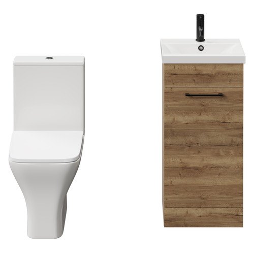 Napoli Tobacco Oak 400mm Vanity Unit and Toilet Suite including Kingston Rimless Close Coupled Toilet and Floor Standing Vanity Unit with Single Door and Matt Black Handle View from Front