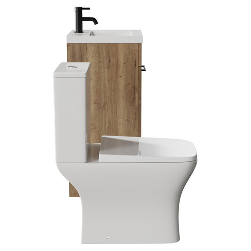 Napoli Tobacco Oak 400mm Vanity Unit and Toilet Suite including Kingston Rimless Close Coupled Toilet and Floor Standing Vanity Unit with Single Door and Matt Black Handle View from Side