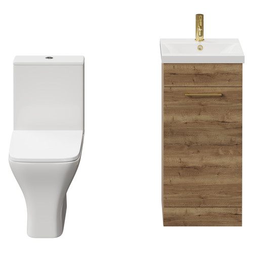 Napoli Tobacco Oak 400mm Vanity Unit and Toilet Suite including Kingston Rimless Close Coupled Toilet and Floor Standing Vanity Unit with Single Door and Brushed Brass Handle View from Front