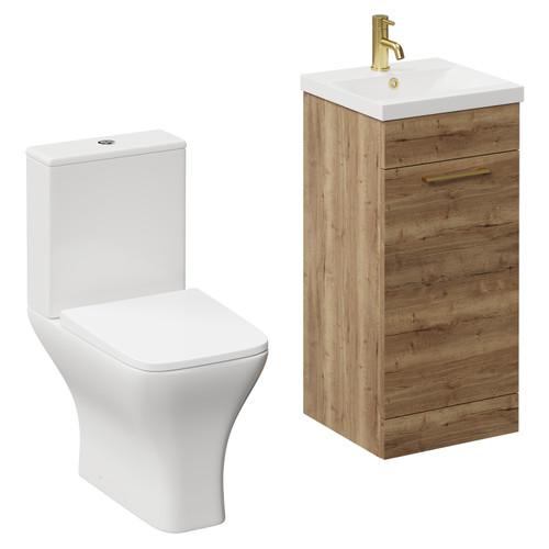 Napoli Tobacco Oak 400mm Vanity Unit and Toilet Suite including Kingston Rimless Close Coupled Toilet and Floor Standing Vanity Unit with Single Door and Brushed Brass Handle Left Hand View
