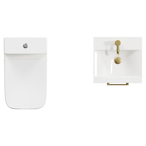 Napoli Tobacco Oak 400mm Vanity Unit and Toilet Suite including Kingston Rimless Close Coupled Toilet and Floor Standing Vanity Unit with Single Door and Brushed Brass Handle View from Top