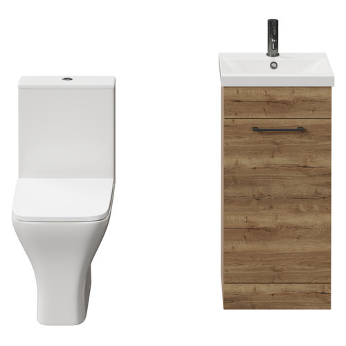 Napoli Tobacco Oak 400mm Vanity Unit and Toilet Suite including Kingston Rimless Close Coupled Toilet and Floor Standing Vanity Unit with Single Door and Gunmetal Grey Handle View from Front