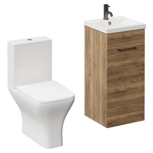 Napoli Tobacco Oak 400mm Vanity Unit and Toilet Suite including Kingston Rimless Close Coupled Toilet and Floor Standing Vanity Unit with Single Door and Gunmetal Grey Handle Left Hand View