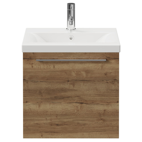 Napoli Tobacco Oak 500mm Wall Mounted Vanity Unit with 1 Tap Hole Basin and Single Drawer with Chrome Handle Front View