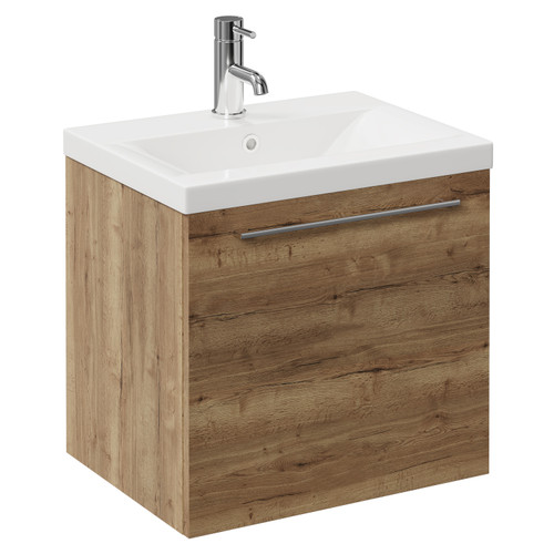 Napoli Tobacco Oak 500mm Wall Mounted Vanity Unit with 1 Tap Hole Basin and Single Drawer with Chrome Handle Left Hand View