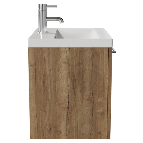 Napoli Tobacco Oak 500mm Wall Mounted Vanity Unit with 1 Tap Hole Basin and Single Drawer with Chrome Handle Side View