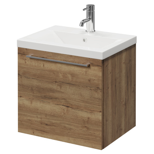 Napoli Tobacco Oak 500mm Wall Mounted Vanity Unit with 1 Tap Hole Basin and Single Drawer with Chrome Handle Right Hand View
