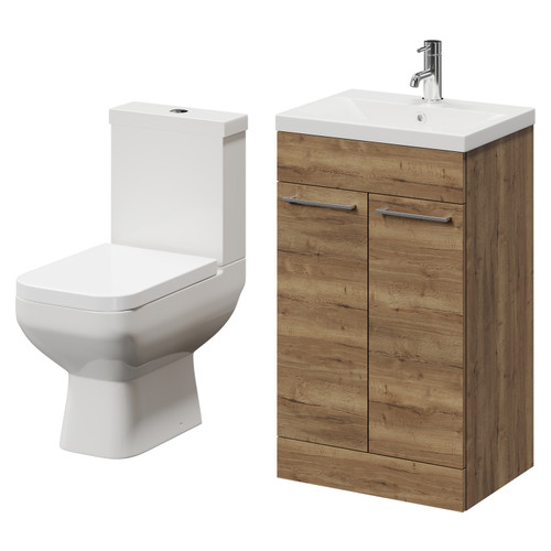 Turin Tobacco Oak 500mm Floor Standing Vanity Unit and Toilet Suite with 1 Tap Hole Glide Basin and 2 Doors with Chrome Handles Right Hand View