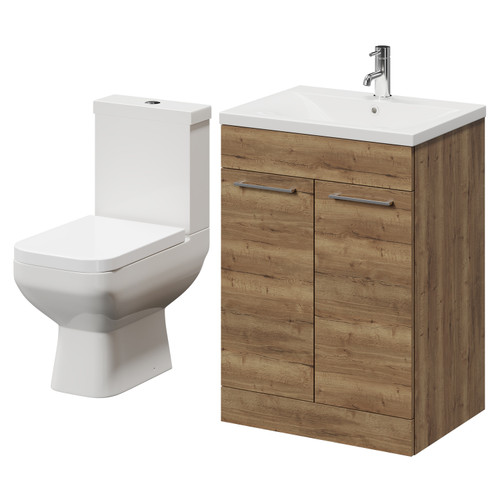 Turin Tobacco Oak 600mm Floor Standing Vanity Unit and Toilet Suite with 1 Tap Hole Glide Basin and 2 Doors with Chrome Handles Right Hand View