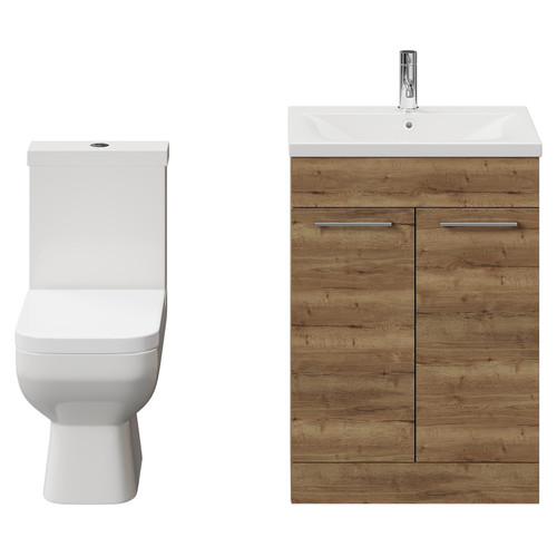 Turin Tobacco Oak 600mm Floor Standing Vanity Unit and Toilet Suite with 1 Tap Hole Glide Basin and 2 Doors with Chrome Handles View from Front