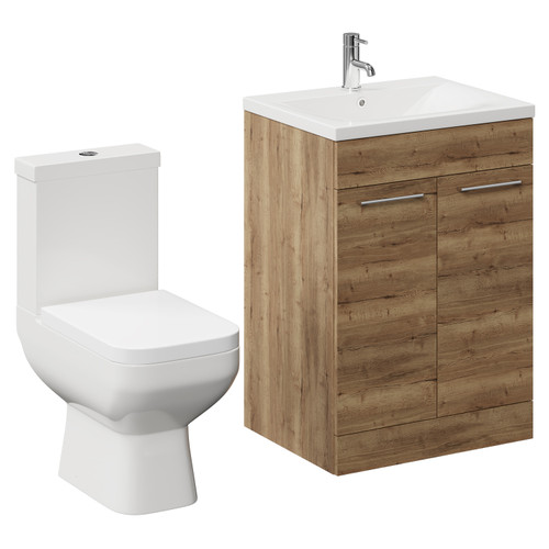Turin Tobacco Oak 600mm Floor Standing Vanity Unit and Toilet Suite with 1 Tap Hole Glide Basin and 2 Doors with Chrome Handles Left Hand View