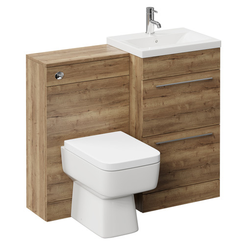 Napoli Tobacco Oak 1000mm Vanity Unit Toilet Suite with 1 Tap Hole Basin and 2 Drawers with Chrome Handles Left Hand View