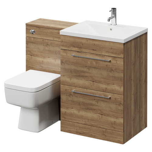 Napoli Tobacco Oak 1100mm Vanity Unit Toilet Suite with 1 Tap Hole Basin and 2 Drawers with Chrome Handles Right Hand View
