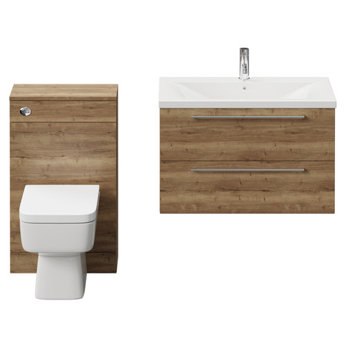 Napoli Tobacco Oak 1300mm Vanity Unit Toilet Suite with 1 Tap Hole Basin and 2 Drawers with Chrome Handles View from Front