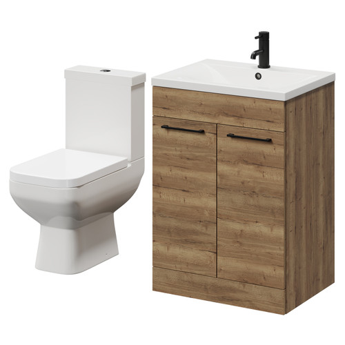 Turin Tobacco Oak 600mm Floor Standing Vanity Unit and Toilet Suite with 1 Tap Hole Glide Basin and 2 Doors with Matt Black Handles Right Hand View