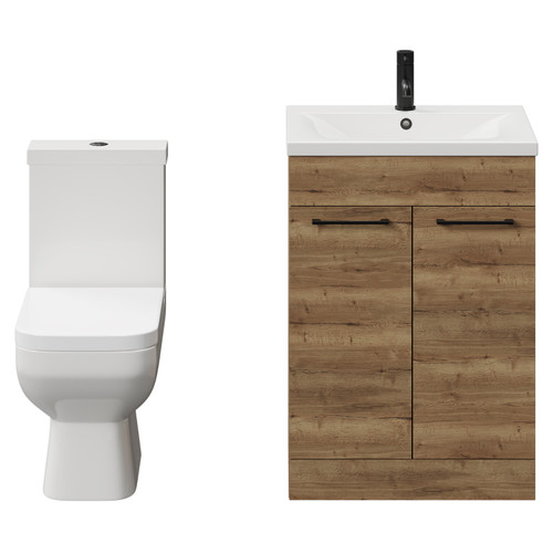 Turin Tobacco Oak 600mm Floor Standing Vanity Unit and Toilet Suite with 1 Tap Hole Glide Basin and 2 Doors with Matt Black Handles View from Front
