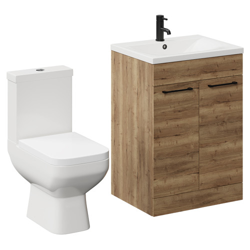Turin Tobacco Oak 600mm Floor Standing Vanity Unit and Toilet Suite with 1 Tap Hole Glide Basin and 2 Doors with Matt Black Handles Left Hand View