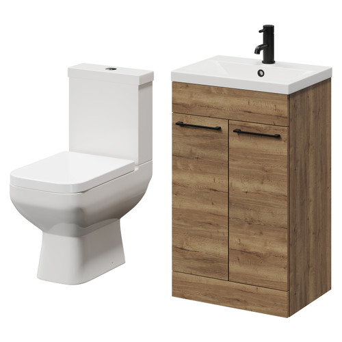 Turin Tobacco Oak 500mm Floor Standing Vanity Unit and Toilet Suite with 1 Tap Hole Glide Basin and 2 Doors with Matt Black Handles Right Hand View