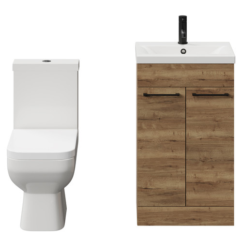 Turin Tobacco Oak 500mm Floor Standing Vanity Unit and Toilet Suite with 1 Tap Hole Glide Basin and 2 Doors with Matt Black Handles View from Front