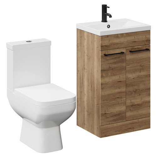 Turin Tobacco Oak 500mm Floor Standing Vanity Unit and Toilet Suite with 1 Tap Hole Glide Basin and 2 Doors with Matt Black Handles Left Hand View
