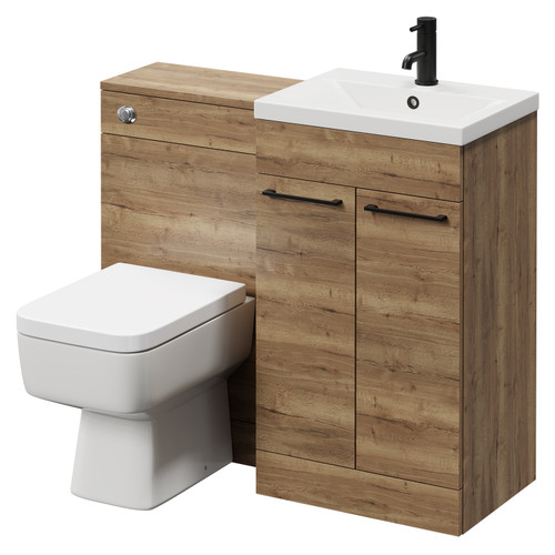 Napoli Tobacco Oak 1000mm Vanity Unit Toilet Suite with 1 Tap Hole Basin and 2 Doors with Matt Black Handles Right Hand View