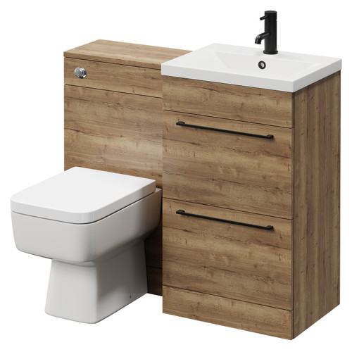 Napoli Tobacco Oak 1000mm Vanity Unit Toilet Suite with 1 Tap Hole Basin and 2 Drawers with Matt Black Handles Right Hand View