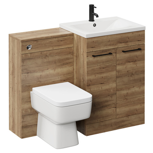 Napoli Tobacco Oak 1100mm Vanity Unit Toilet Suite with 1 Tap Hole Basin and 2 Doors with Matt Black Handles Left Hand View