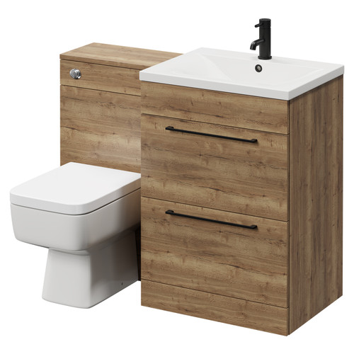 Napoli Tobacco Oak 1100mm Vanity Unit Toilet Suite with 1 Tap Hole Basin and 2 Drawers with Matt Black Handles Right Hand View
