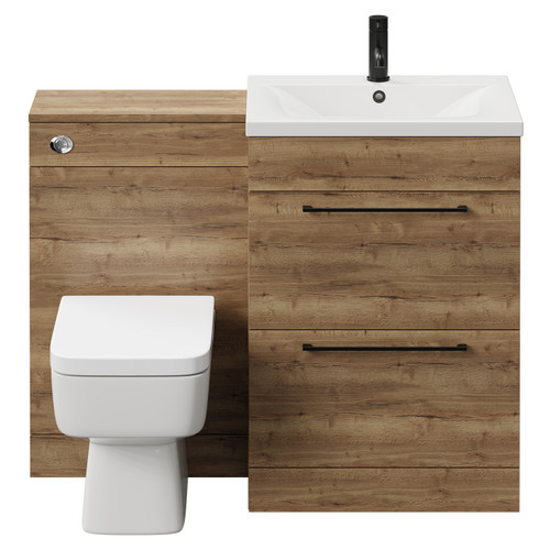 Napoli Tobacco Oak 1100mm Vanity Unit Toilet Suite with 1 Tap Hole Basin and 2 Drawers with Matt Black Handles View from Front