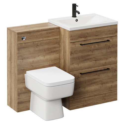 Napoli Tobacco Oak 1100mm Vanity Unit Toilet Suite with 1 Tap Hole Basin and 2 Drawers with Matt Black Handles Left Hand View