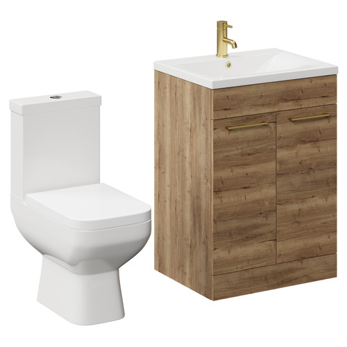 Turin Tobacco Oak 600mm Floor Standing Vanity Unit and Toilet Suite with 1 Tap Hole Glide Basin and 2 Doors with Brushed Brass Handles Left Hand View
