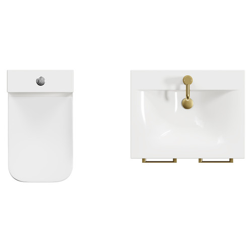 Turin Tobacco Oak 600mm Floor Standing Vanity Unit and Toilet Suite with 1 Tap Hole Glide Basin and 2 Doors with Brushed Brass Handles View from Top