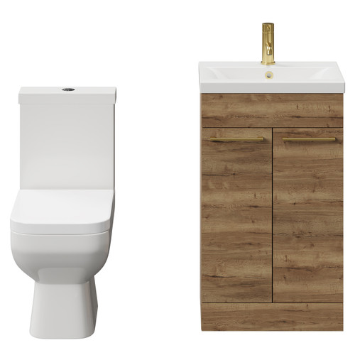 Turin Tobacco Oak 500mm Floor Standing Vanity Unit and Toilet Suite with 1 Tap Hole Glide Basin and 2 Doors with Brushed Brass Handles View from Front