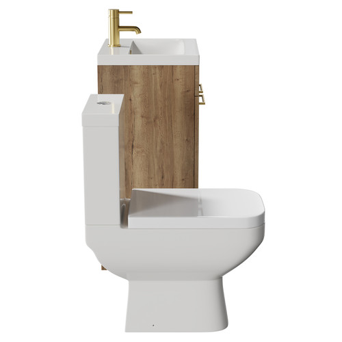 Turin Tobacco Oak 500mm Floor Standing Vanity Unit and Toilet Suite with 1 Tap Hole Glide Basin and 2 Doors with Brushed Brass Handles Side View