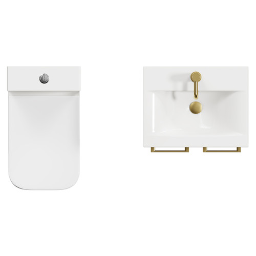 Turin Tobacco Oak 500mm Floor Standing Vanity Unit and Toilet Suite with 1 Tap Hole Glide Basin and 2 Doors with Brushed Brass Handles View from Top