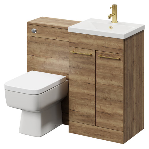 Napoli Tobacco Oak 1000mm Vanity Unit Toilet Suite with 1 Tap Hole Basin and 2 Doors with Brushed Brass Handles Right Hand View